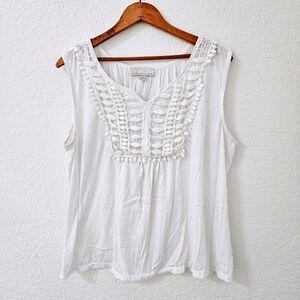 Carolyn Taylor Womens XL White Crochet Trim Tank Sleeveless Slub Knit Cotton